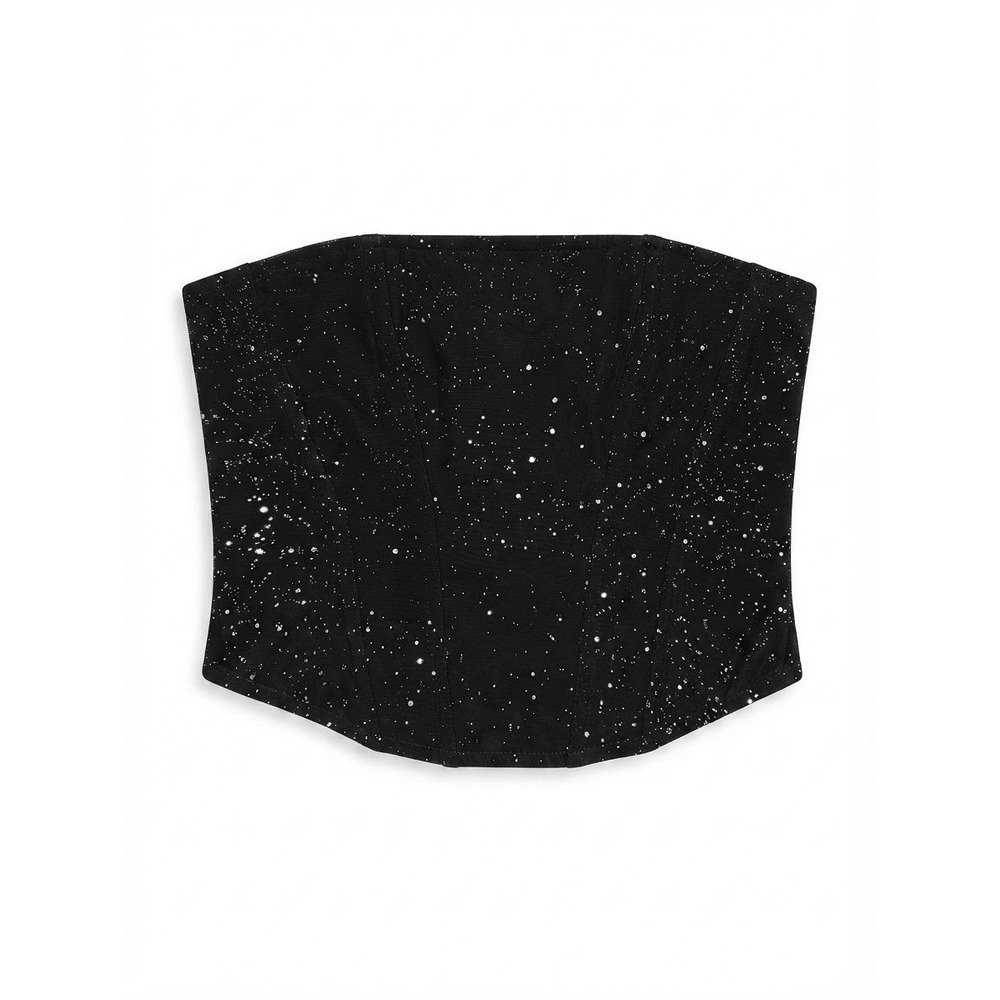 Black Sparkle Glitter Corset Top Structured Boning Mesh Size L Large